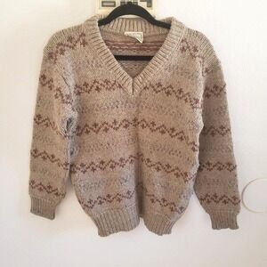 Vintage Gaeltarra Irish Wool Fair Isle Sweater VNeck Brown Pattern Knit Pullover